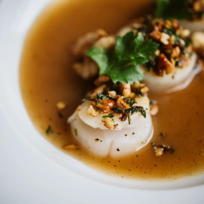 Noix de Saint-Jacques dans un jus au cidre, parsemées de noix concassées et de persil haché, dans une assiette creuse