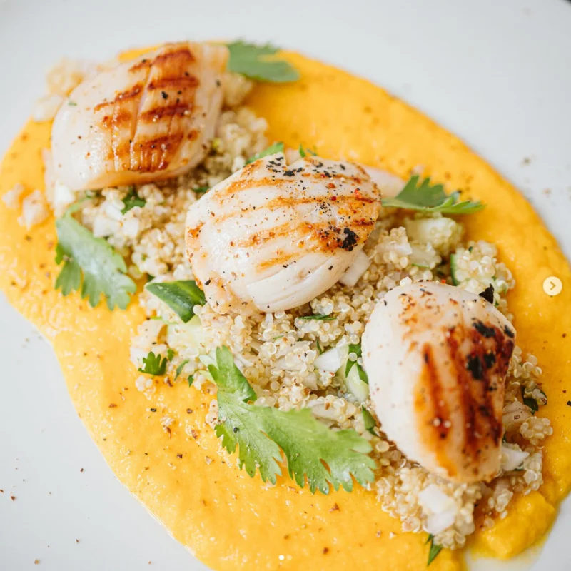 Trois noix de Saint-Jacques marquées au gril sur du quinoa aux dés de pomme, purée de courge orange et herbes fraîches