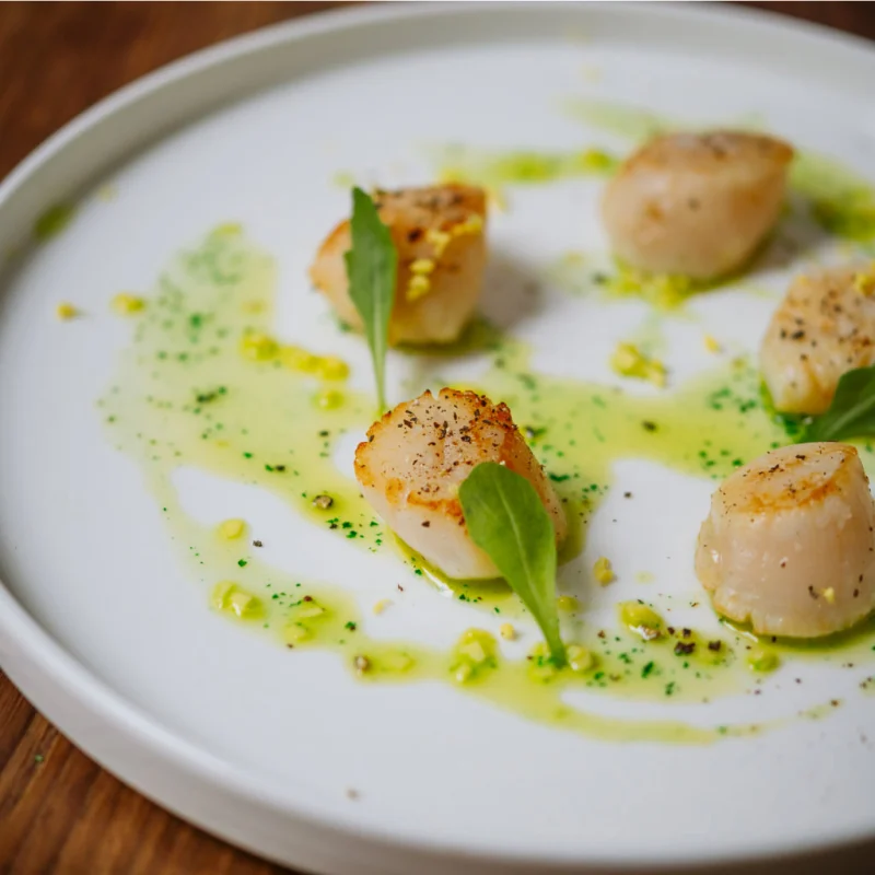 Noix de Saint-Jacques dorées sur un filet d’huile de roquette, feuilles de roquette et éclats jaunes sur assiette blanche