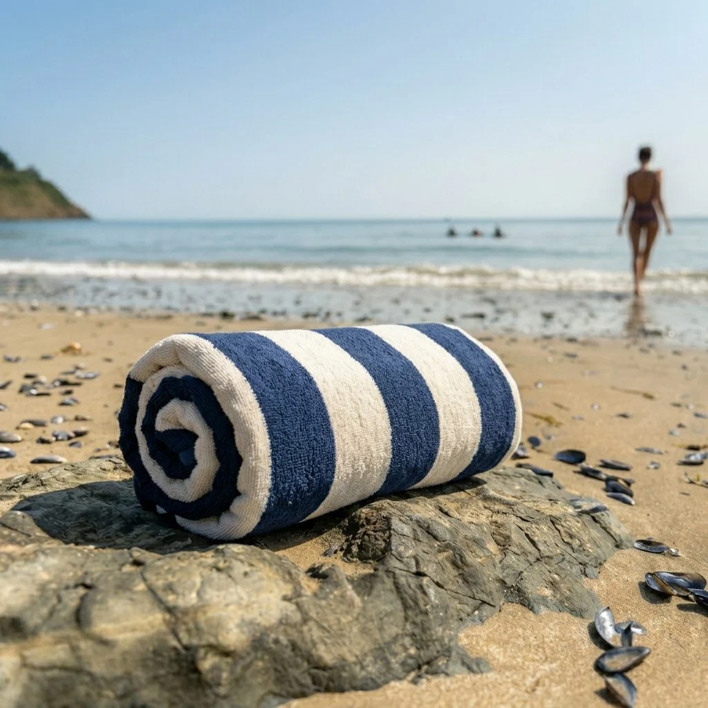 Serviette de plage roulée sur un rocher face à la mer, une baigneuse entrant dans l'eau
