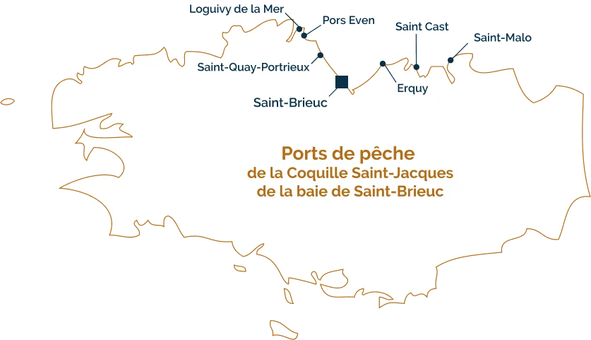 Carte des six ports de débarquement de la coquille autour de la baie de Saint-Brieuc